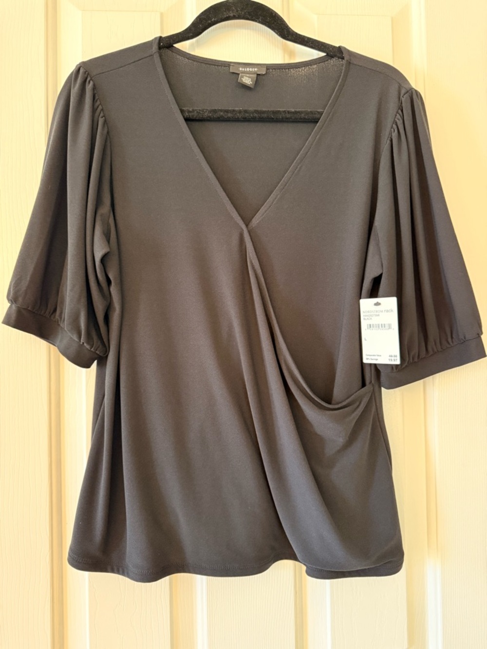 Halogen Black Faux-Wrap V-Neck Short Sleeve Top size L NWT